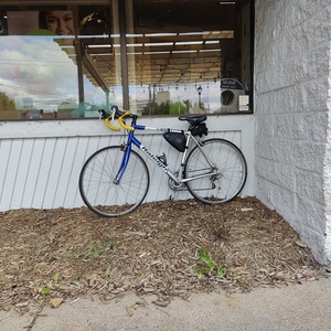 2002 Raleigh R400 Silver, gray or bare metal, Blue, and Yellow or Gold