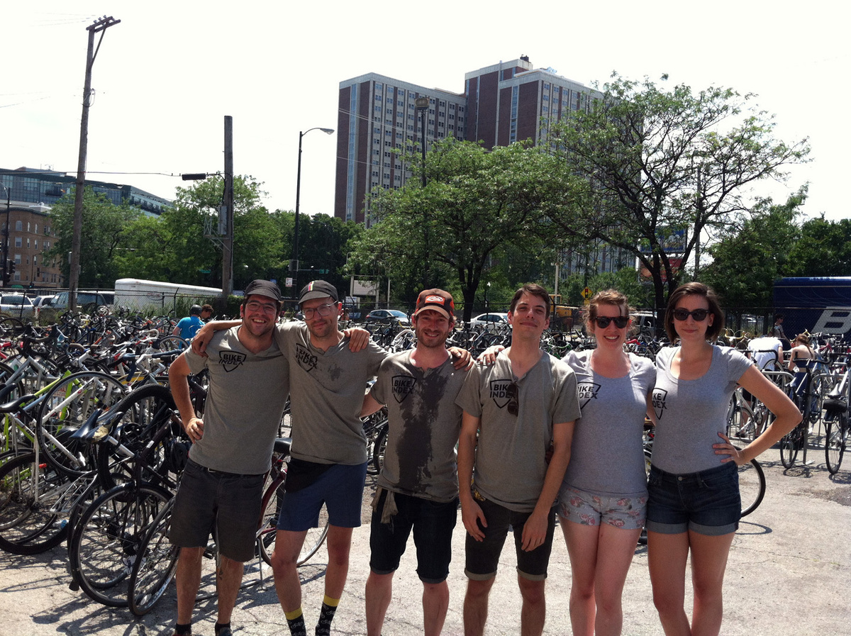 Bike Index group photo, Sunday at Pitchfork 2013 (Seth spilled water all over himself)