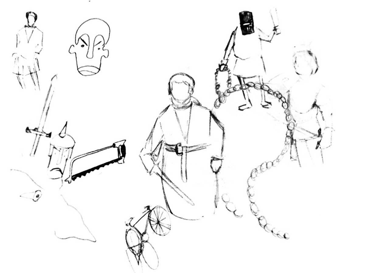 Sketch of some medieval things. Inspiration for Bike Index illustrations