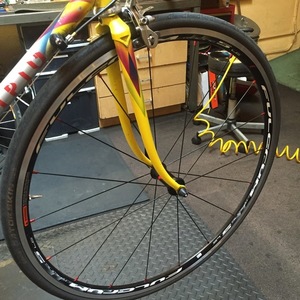 1998 Handmade Italian bike frame Yellow or Gold, Silver, gray or bare metal, and Blue