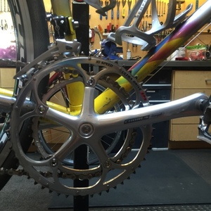 1998 Handmade Italian bike frame Yellow or Gold, Silver, gray or bare metal, and Blue