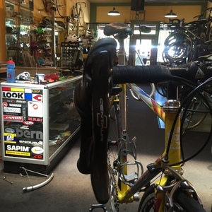 1998 Handmade Italian bike frame Yellow or Gold, Silver, gray or bare metal, and Blue