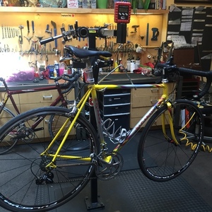 1998 Handmade Italian bike frame Yellow or Gold, Silver, gray or bare metal, and Blue