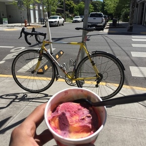 1998 Handmade Italian bike frame Yellow or Gold, Silver, gray or bare metal, and Blue