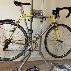 1998 Handmade Italian bike frame Yellow or Gold, Silver, gray or bare metal, and Blue