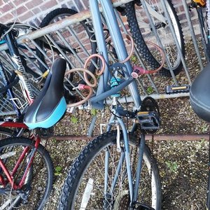 Huffy Silver, gray or bare metal and Blue