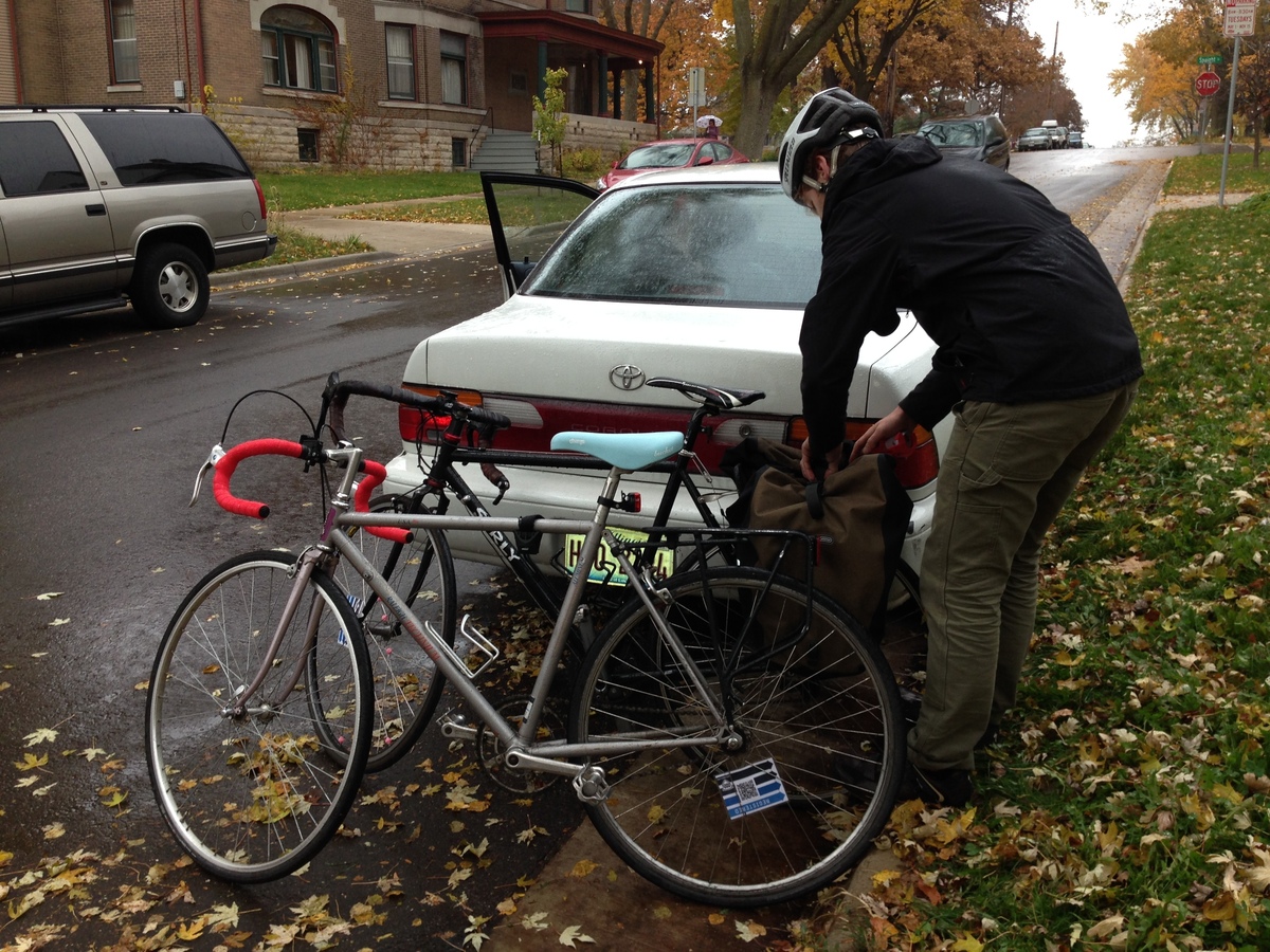 Seth getting the bikes ready to ride around Madison