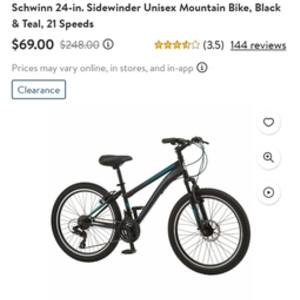 2023 Schwinn 24" Sidewinder Black and Teal